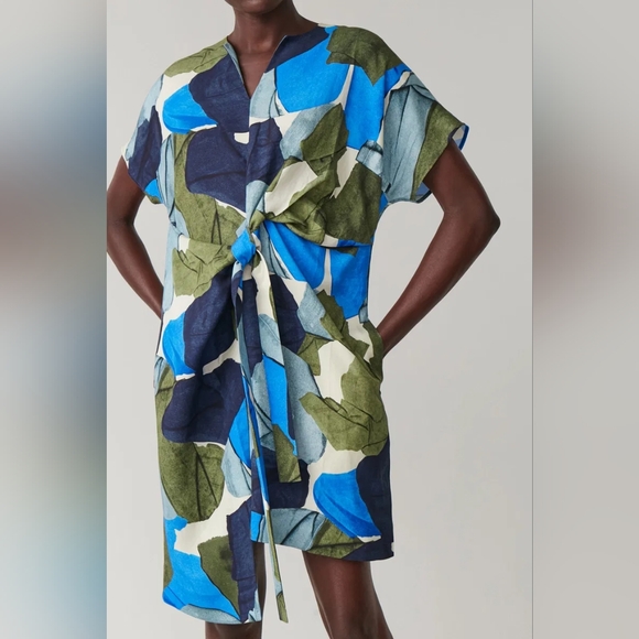 COS Abstract Printed Linen Lyocell Dress W/t Pocket Wrap Tie Front Sz 2 - 19"ptp - Picture 3 of 14